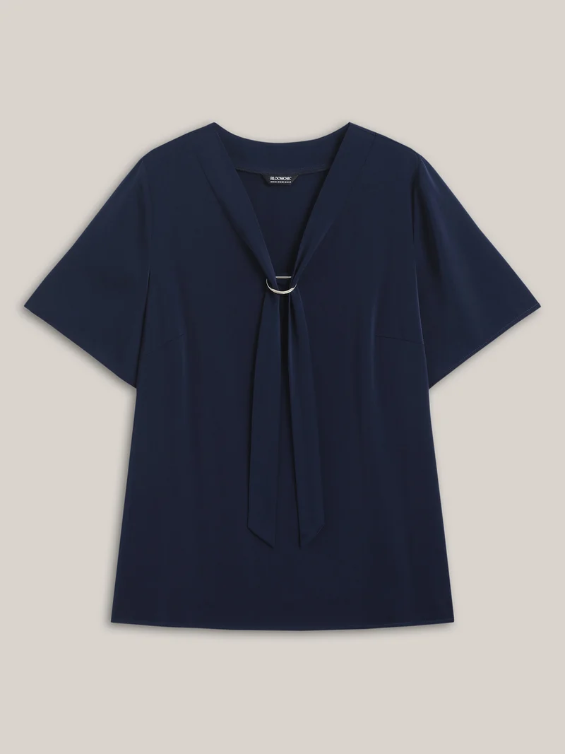 Ribbon Neck Metallic Detail Solid Blouse
