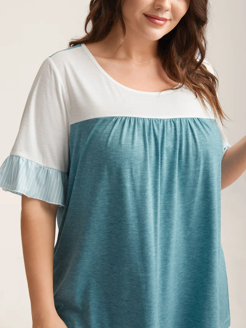 Color Contrast Lotus Leaf Sleeve T-Shirt