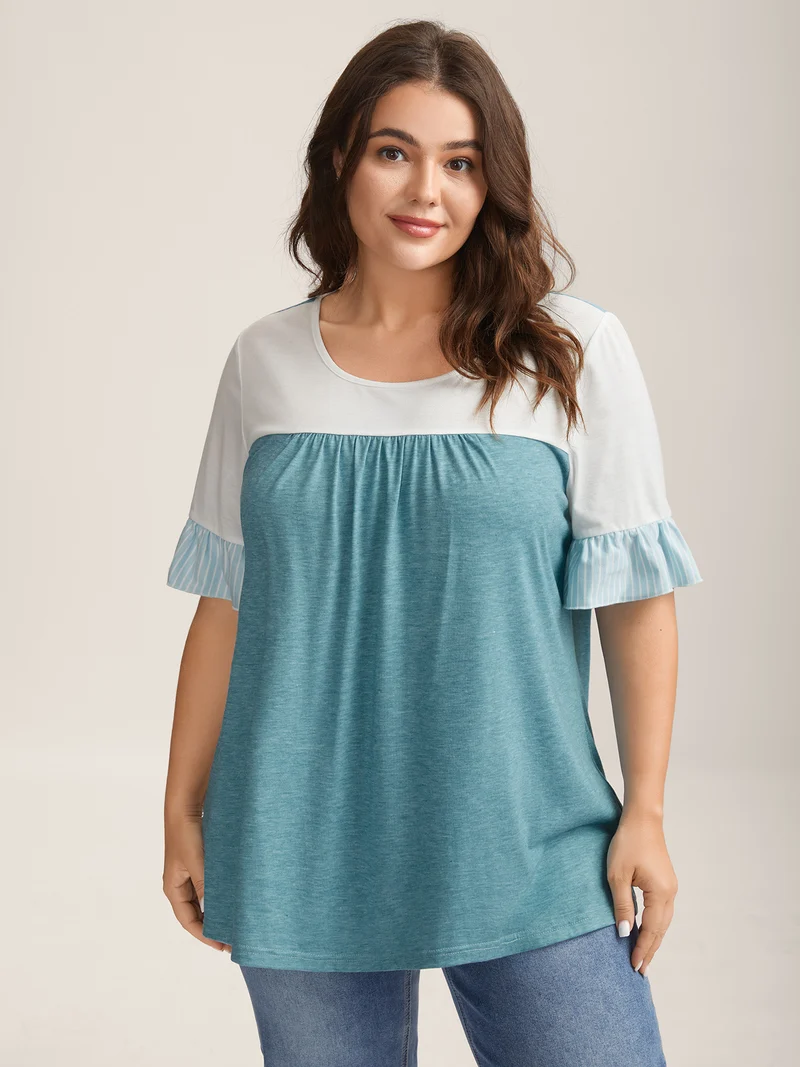 Color Contrast Lotus Leaf Sleeve T-Shirt