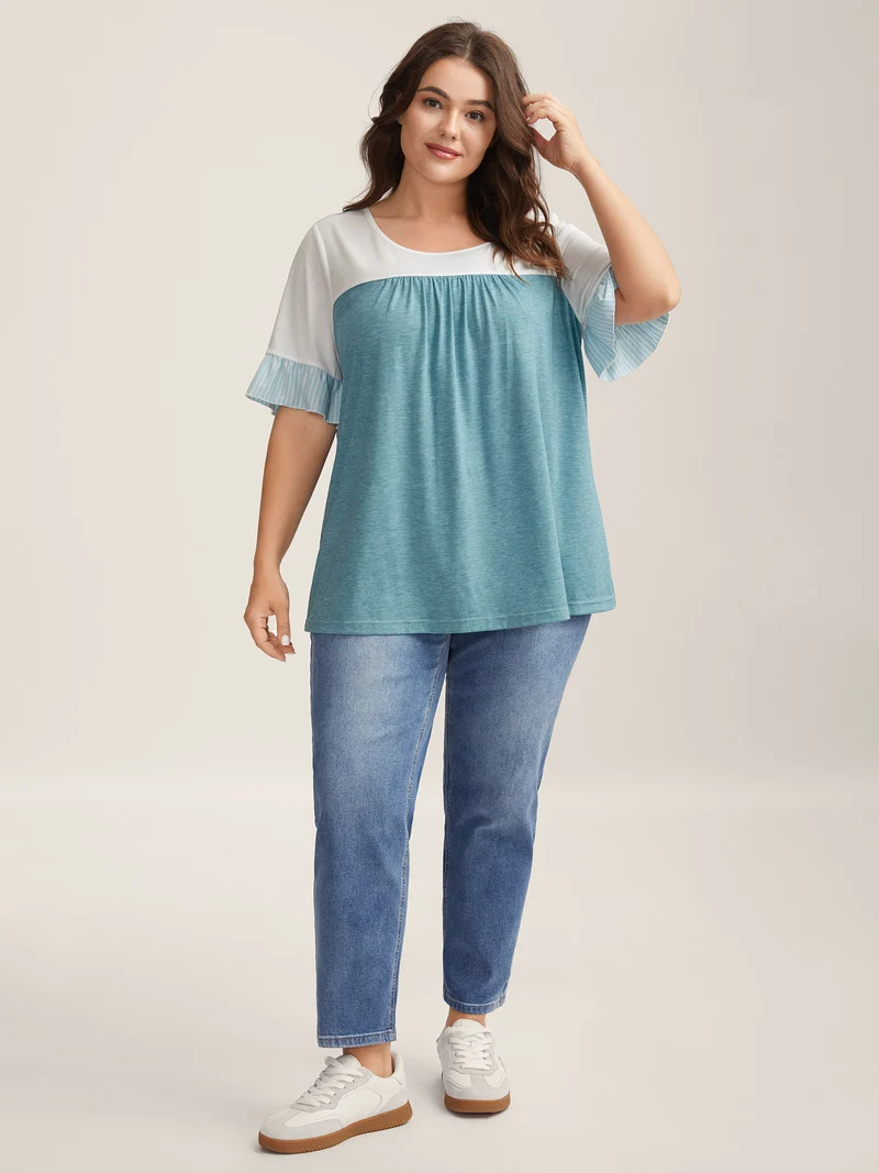 Color Contrast Lotus Leaf Sleeve T-Shirt