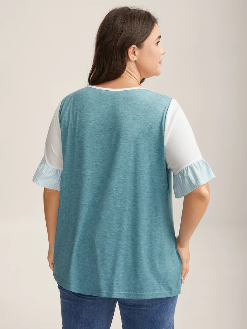 Color Contrast Lotus Leaf Sleeve T-Shirt