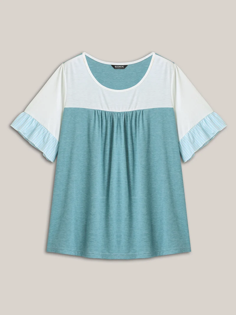 Color Contrast Lotus Leaf Sleeve T-Shirt