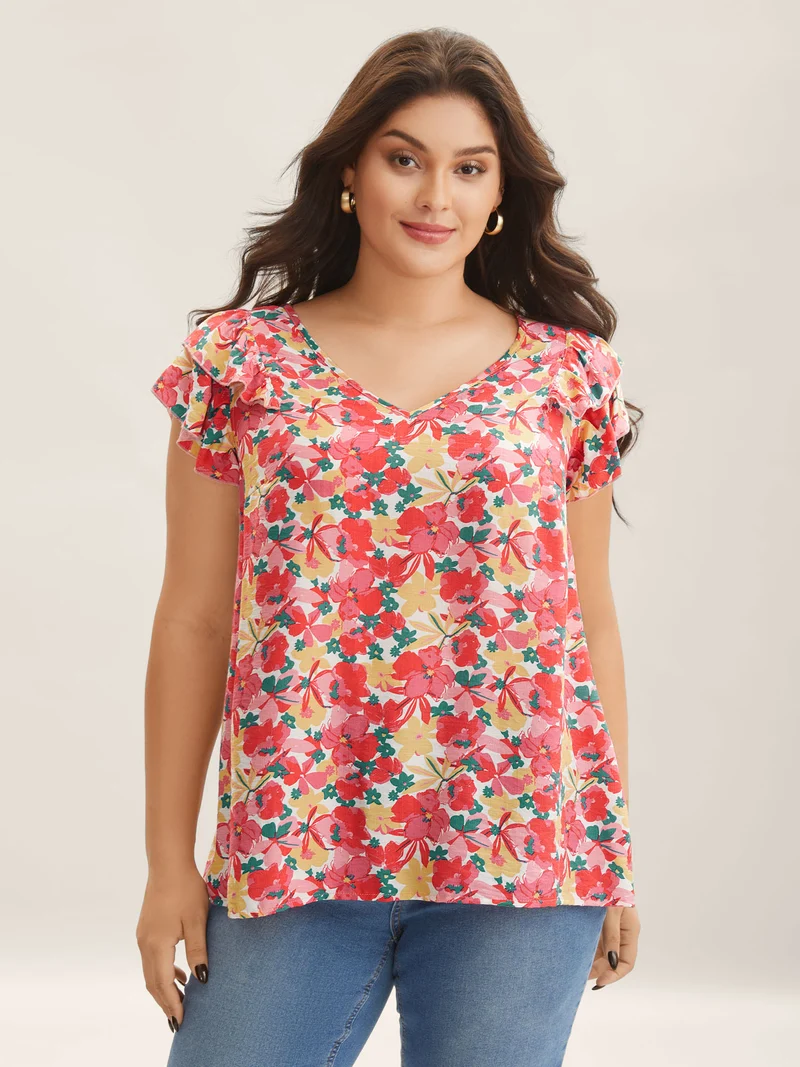 Ruffled Bright Floral Print Blouse