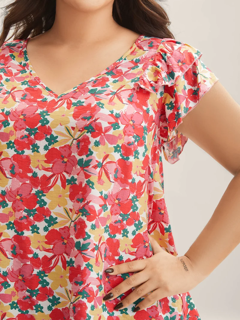 Ruffled Bright Floral Print Blouse