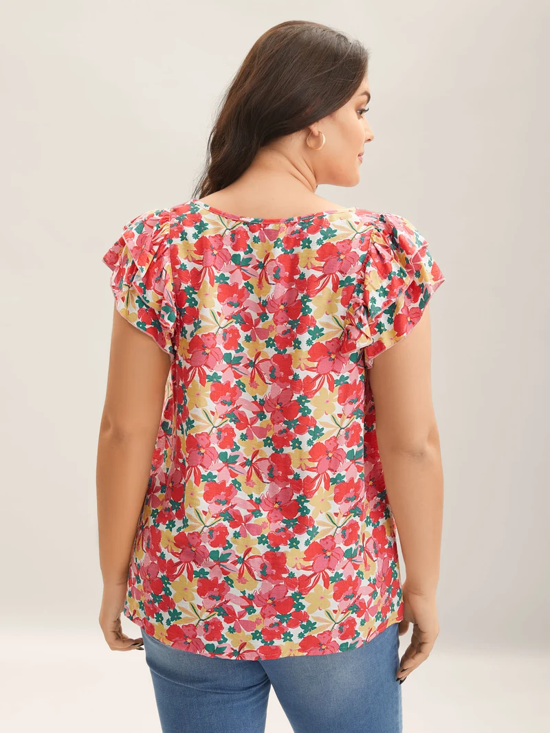 Ruffled Bright Floral Print Blouse