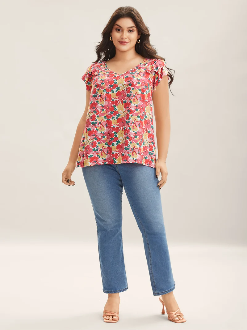 Ruffled Bright Floral Print Blouse