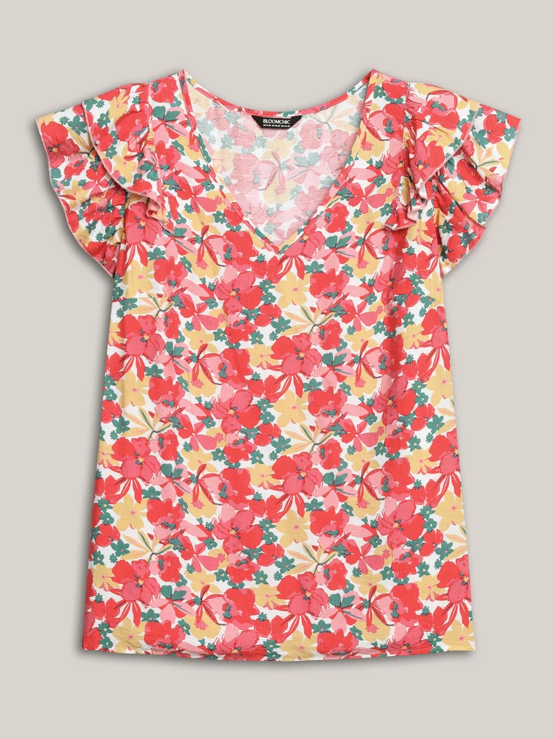 Ruffled Bright Floral Print Blouse