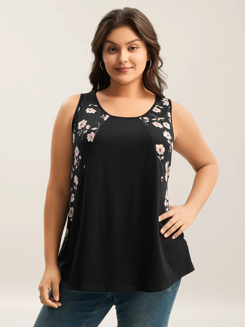 Floral Print Spliced Curvy Tank Top