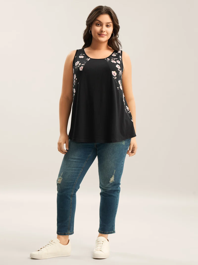 Floral Print Spliced Curvy Tank Top