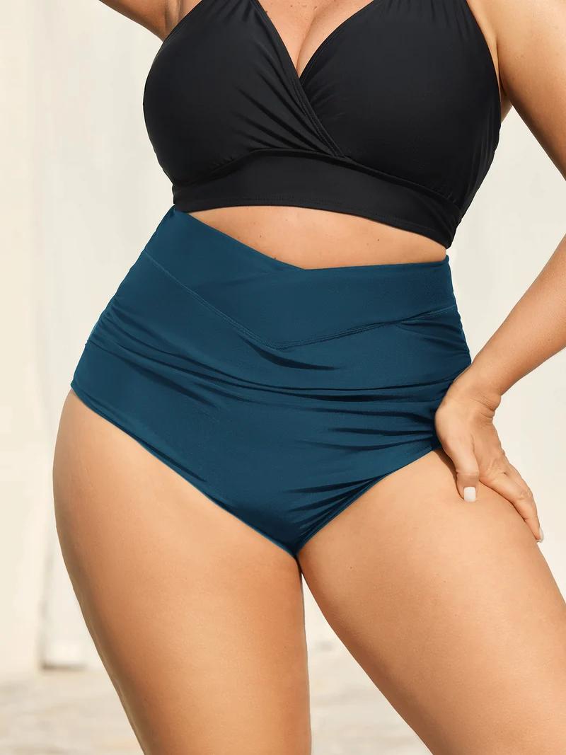 Cross High Waist Ruched Swim Bottoms