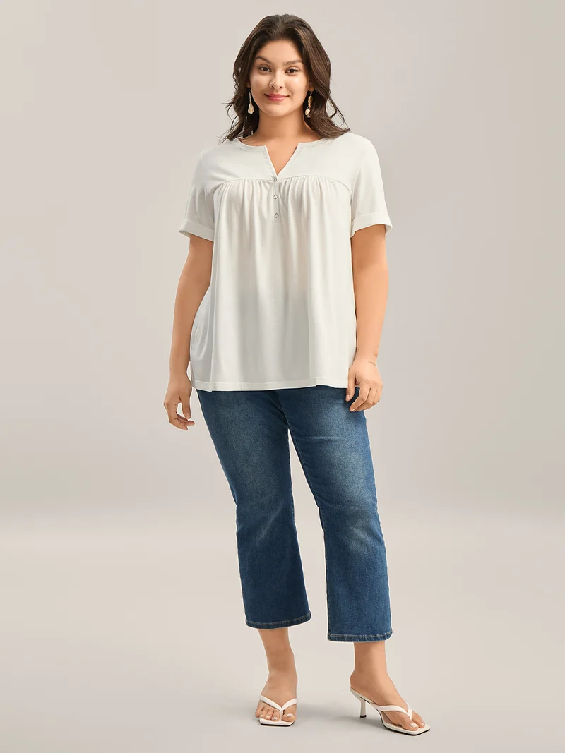 Button Placket Split Neck Pleated T-Shirt