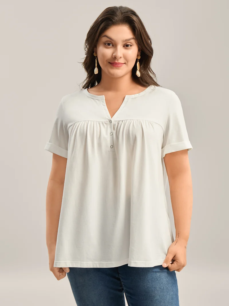 Button Placket Split Neck Pleated T-Shirt