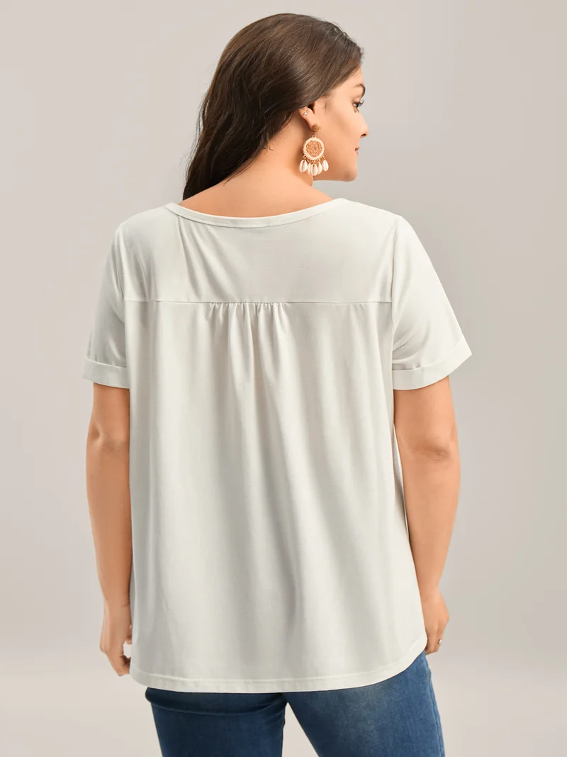 Button Placket Split Neck Pleated T-Shirt