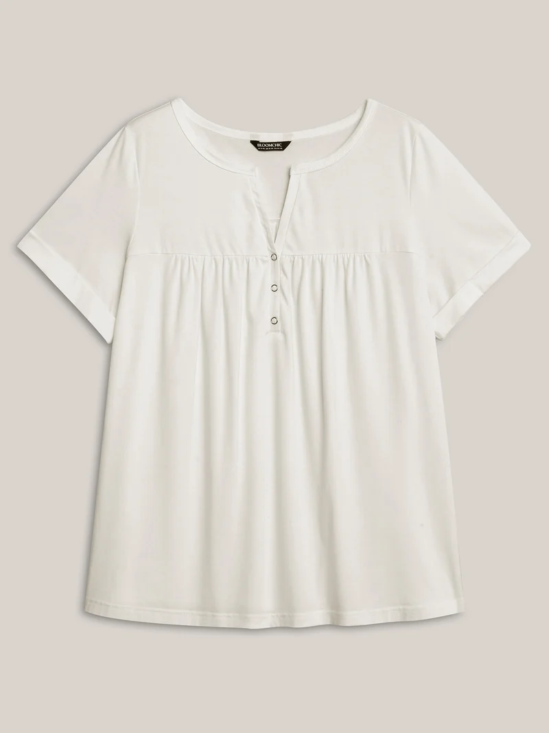 Button Placket Split Neck Pleated T-Shirt