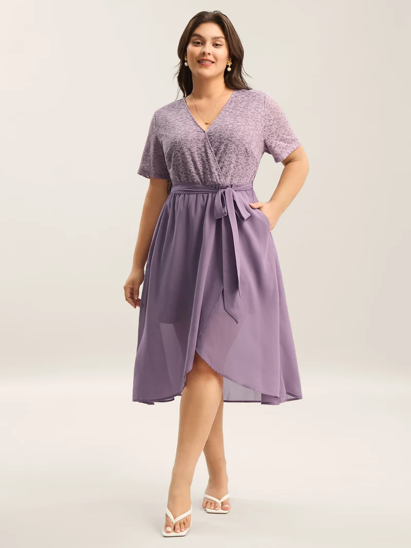 Lace Sheer Stretchy Waist Tie Midi Dress