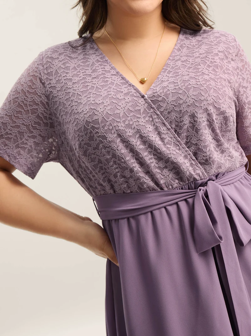 Lace Sheer Stretchy Waist Tie Midi Dress