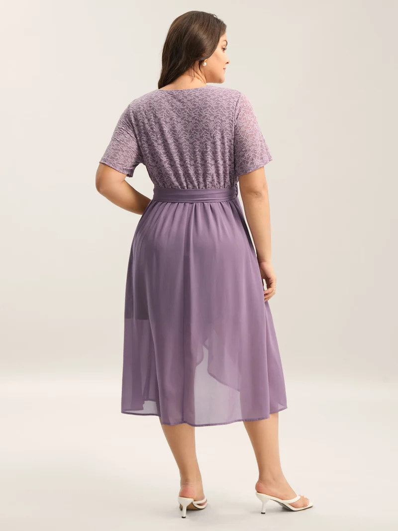 Lace Sheer Stretchy Waist Tie Midi Dress