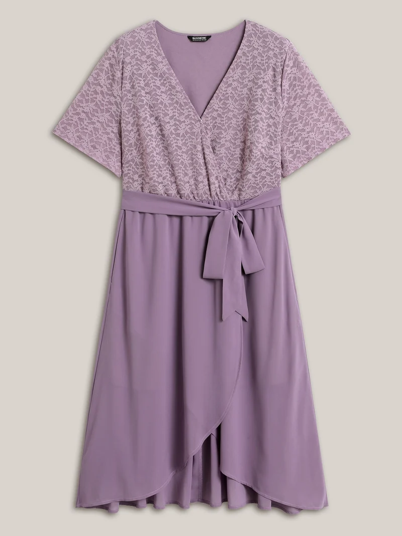 Lace Sheer Stretchy Waist Tie Midi Dress