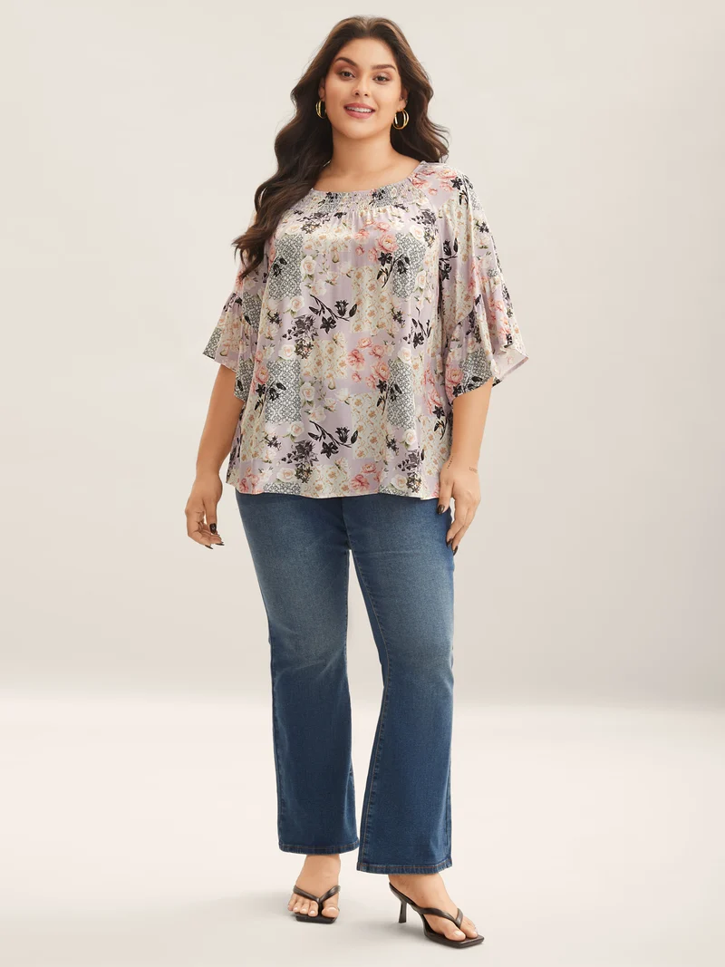 Floral Shirred Neck Flowy Blouse