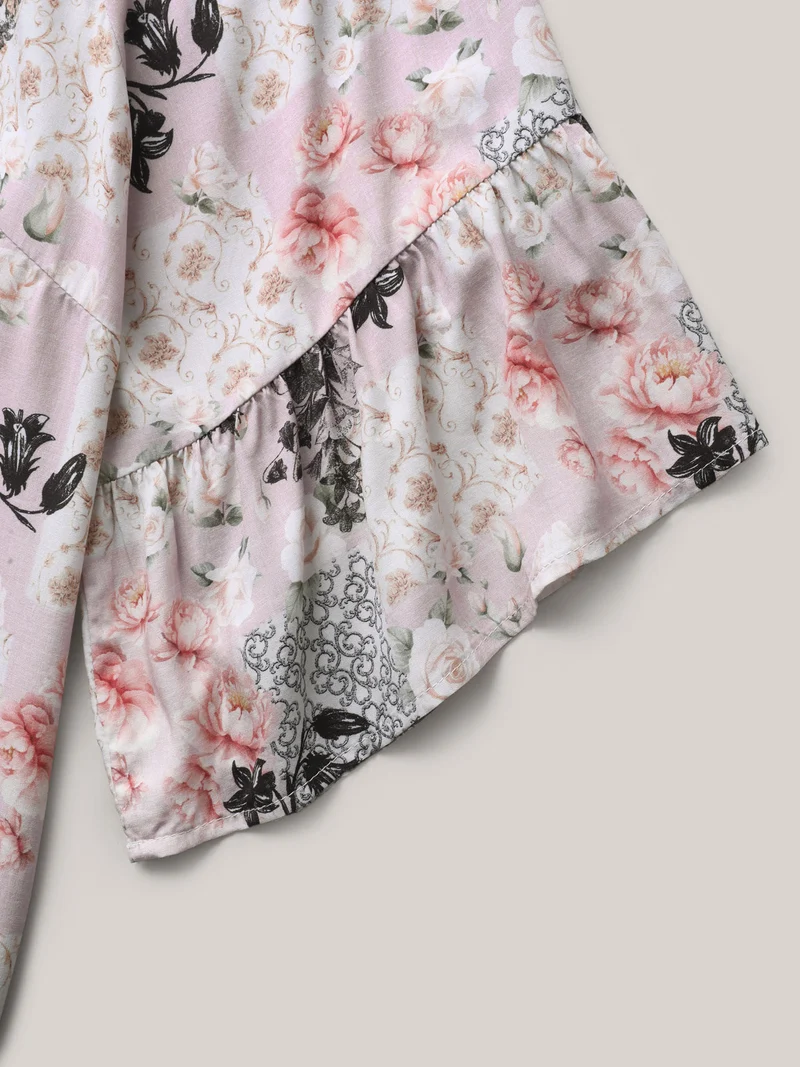 Floral Shirred Neck Flowy Blouse
