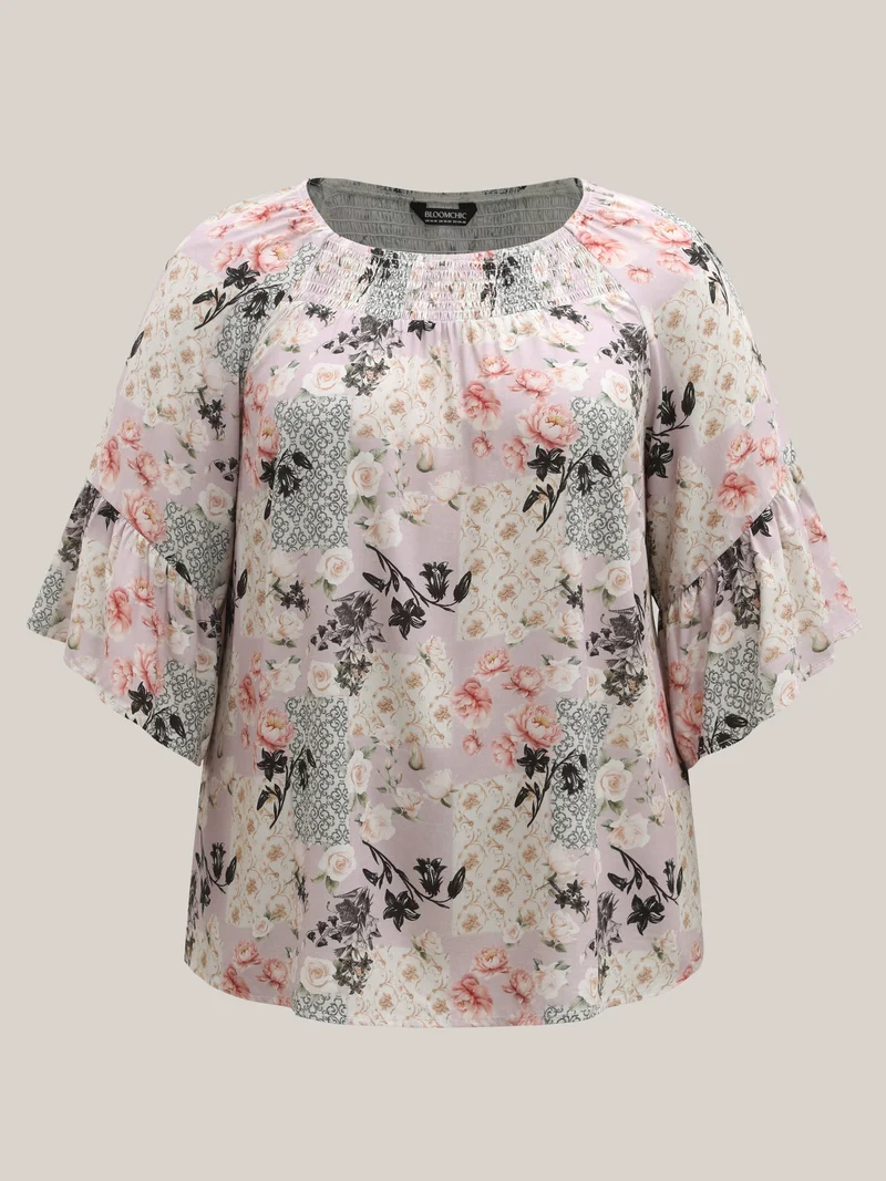 Floral Shirred Neck Flowy Blouse