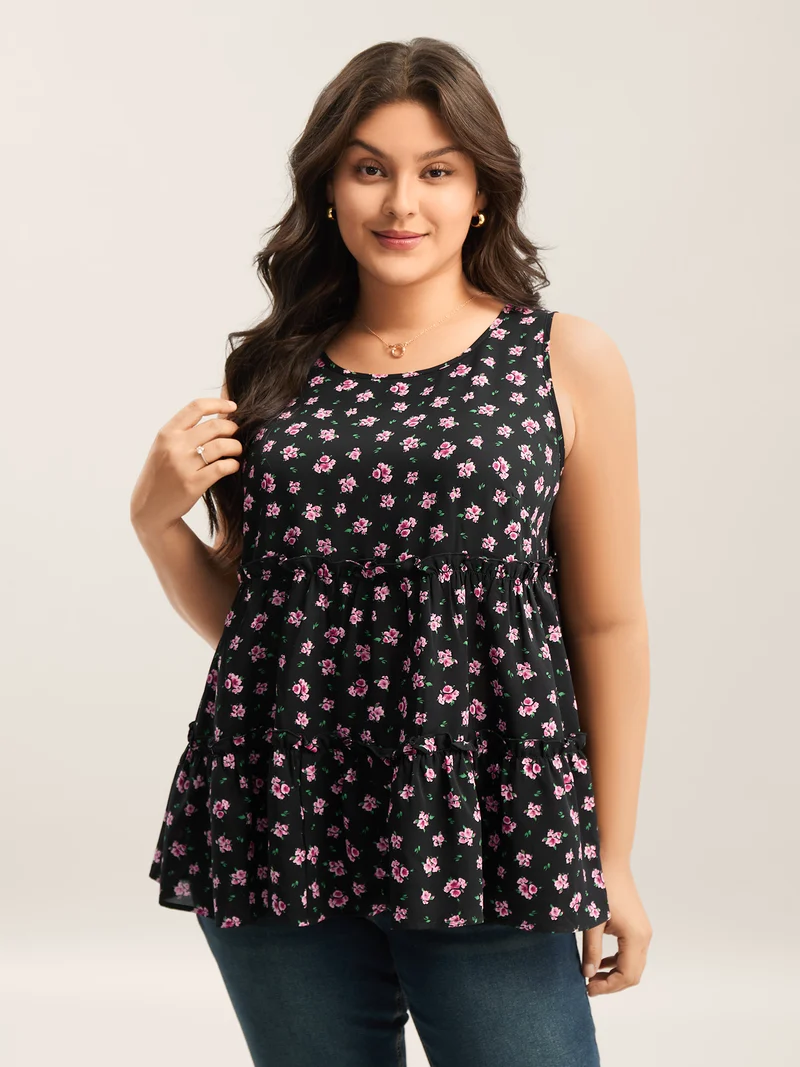 Ditsy Floral Print Tiered Tank Top