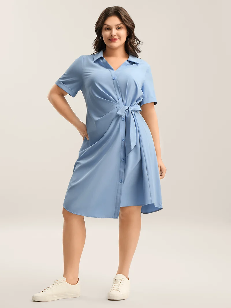Woven Knotted Solid Shirt Dress