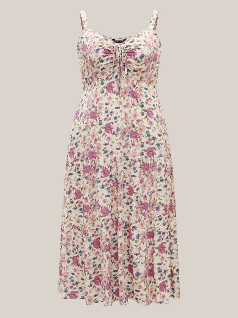 Dreamy Floral Rayon Neck Tie Midi Dress