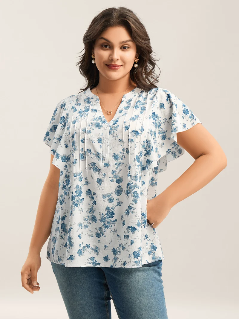 Floral Toothpick Pleat Sheer Blouse