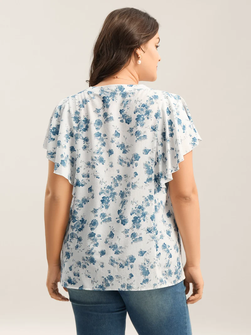 Floral Toothpick Pleat Sheer Blouse