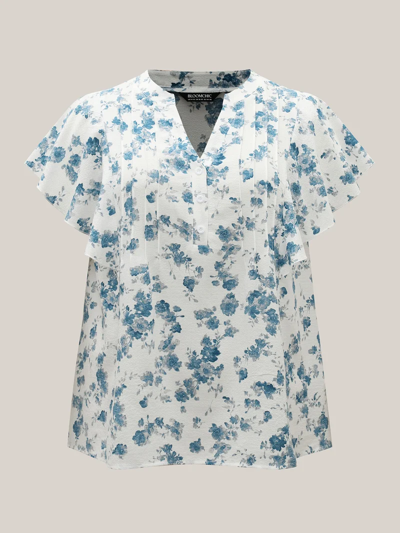 Floral Toothpick Pleat Sheer Blouse