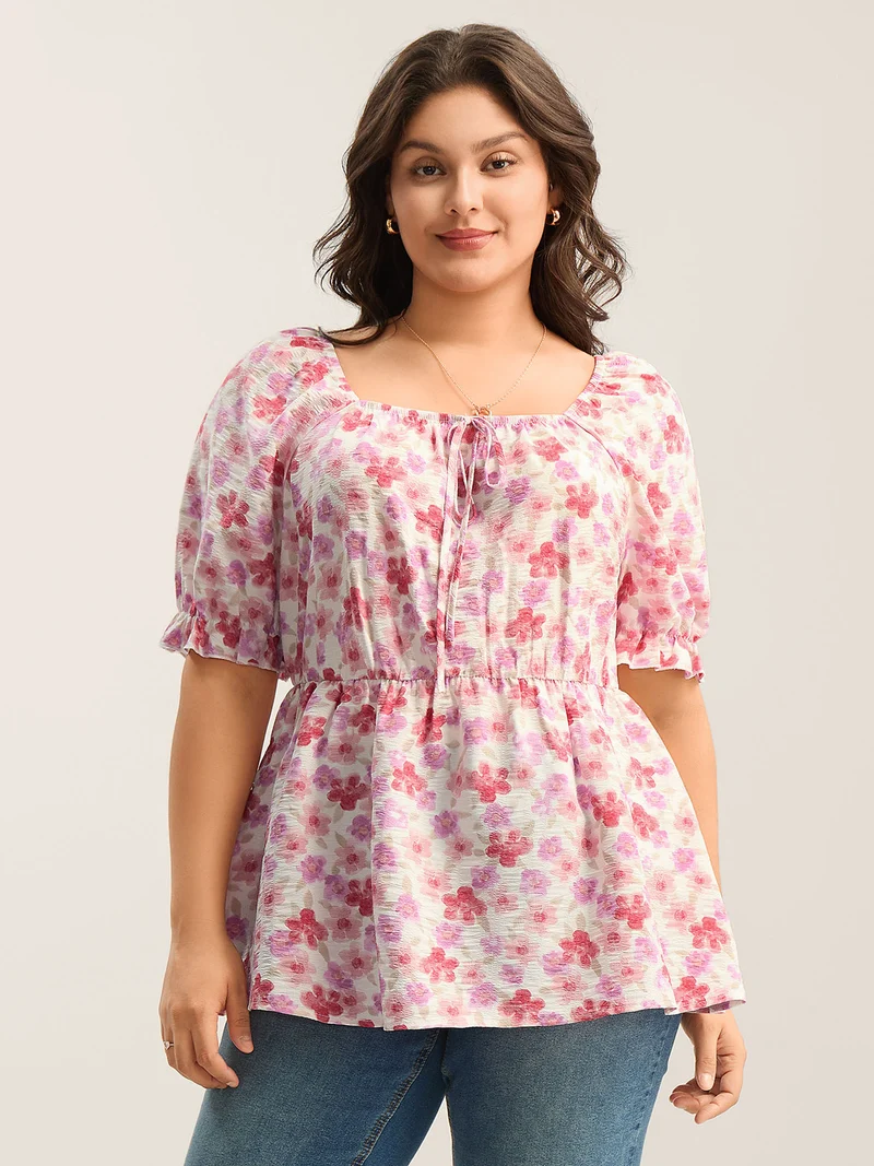 Floral Print Square Neck Tie Blouse