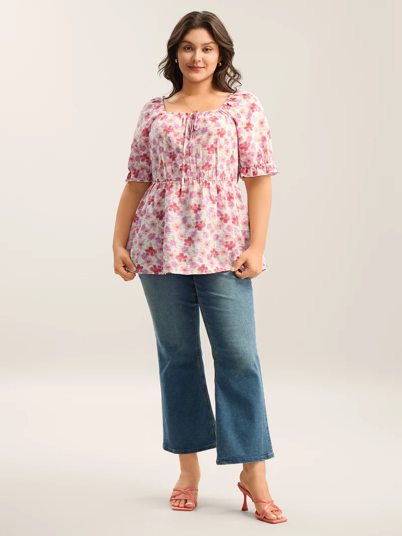 Floral Print Square Neck Tie Blouse