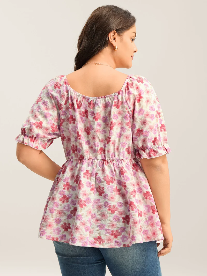 Floral Print Square Neck Tie Blouse