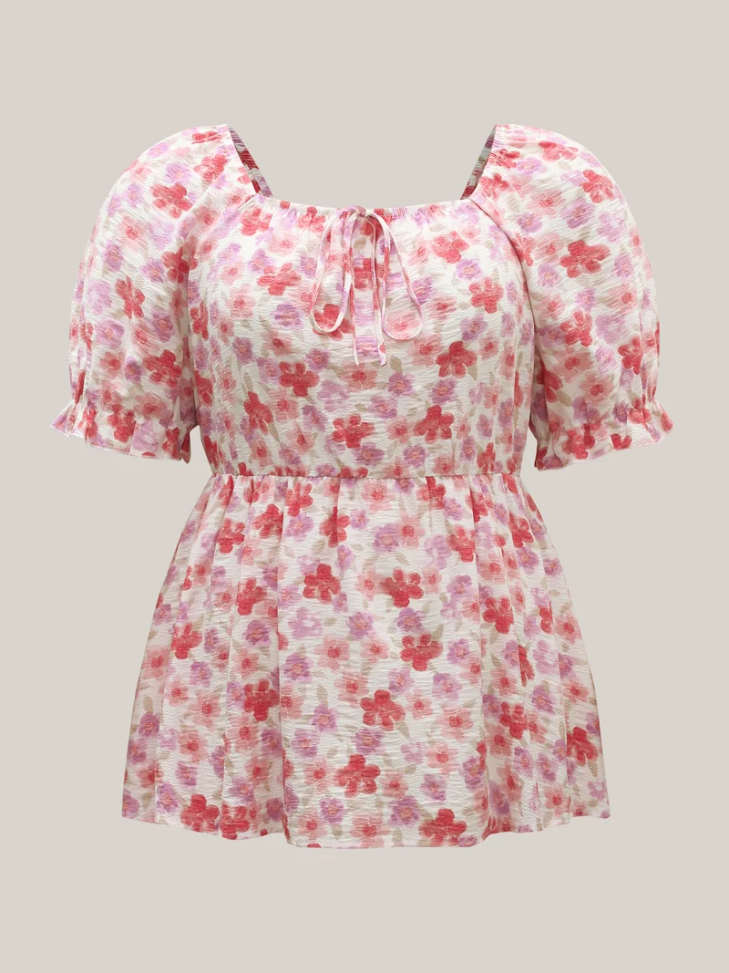 Floral Print Square Neck Tie Blouse