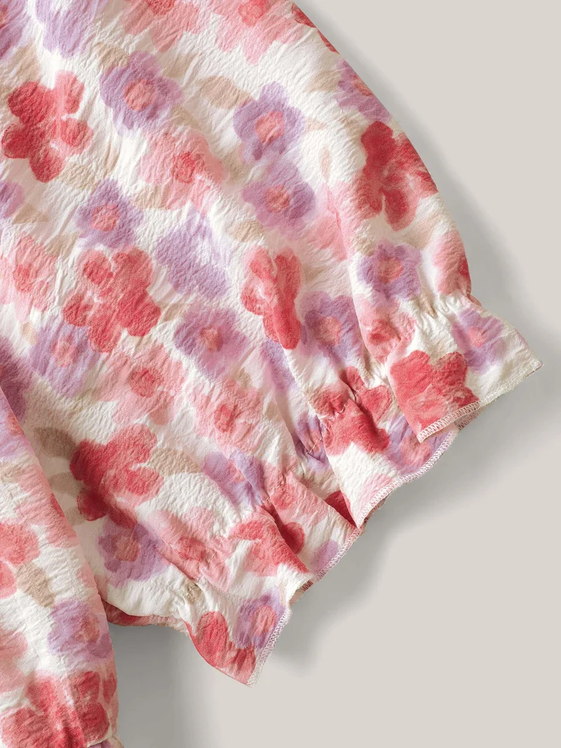 Floral Print Square Neck Tie Blouse