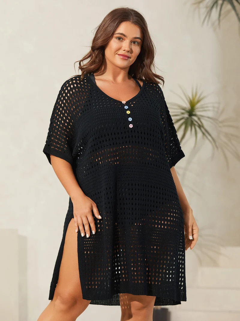 Cut-Out Textured Buttons Swim Cover-Up