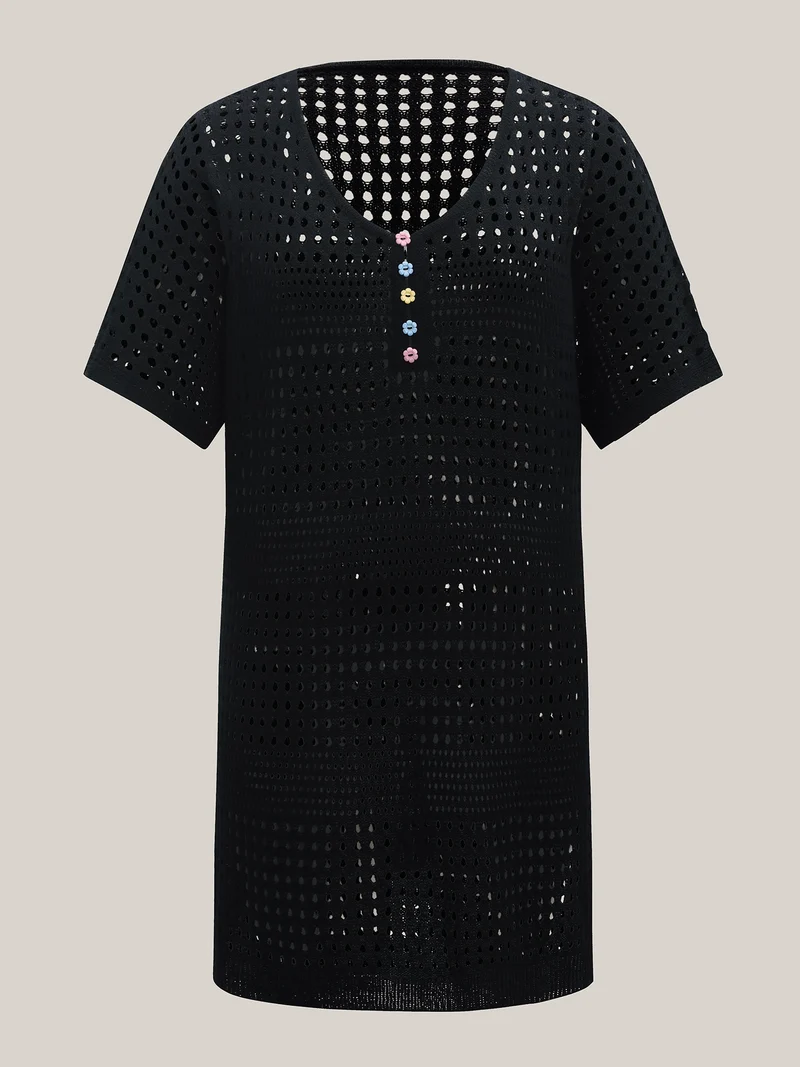 Cut-Out Textured Buttons Swim Cover-Up