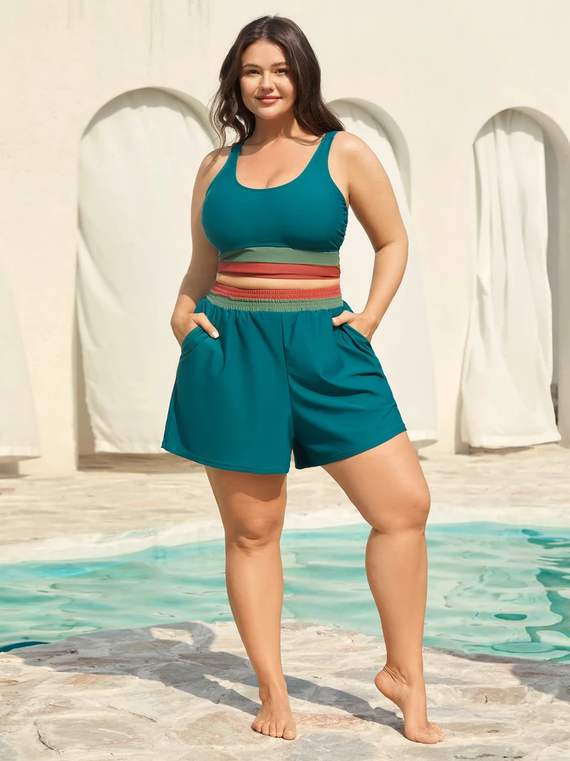 Colorful Hem Scoop Neck Swim Top