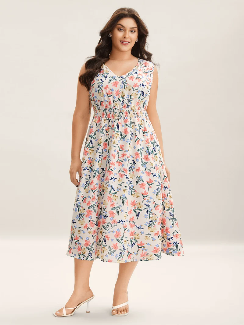 Shirred Waist Floral Print Pockets Midi Dress