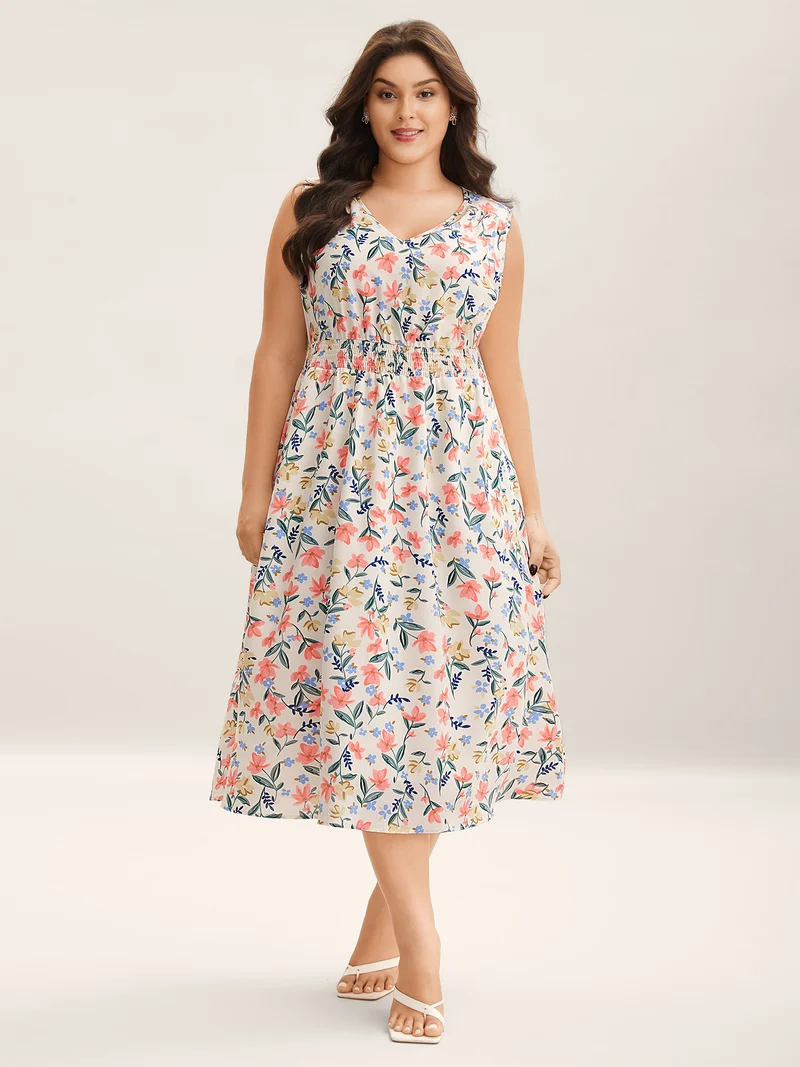 Shirred Waist Floral Print Pockets Midi Dress