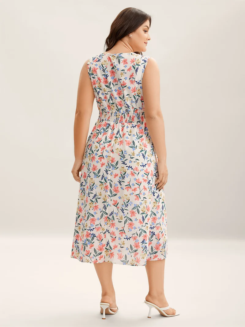 Shirred Waist Floral Print Pockets Midi Dress