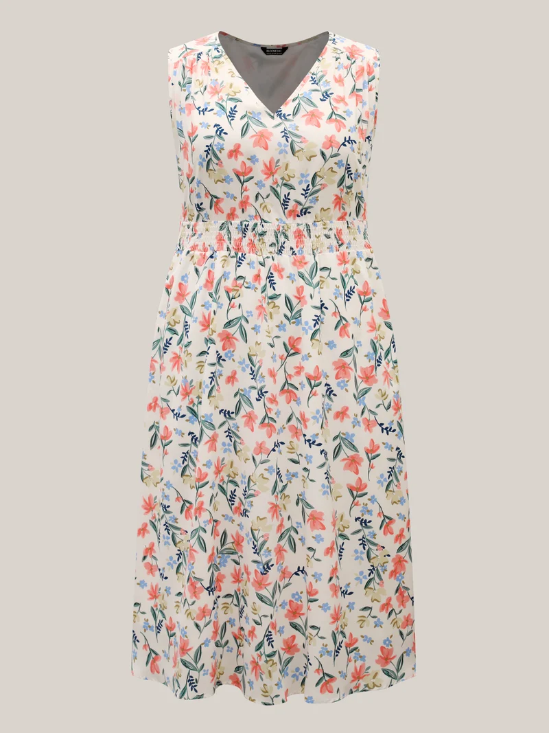 Shirred Waist Floral Print Pockets Midi Dress