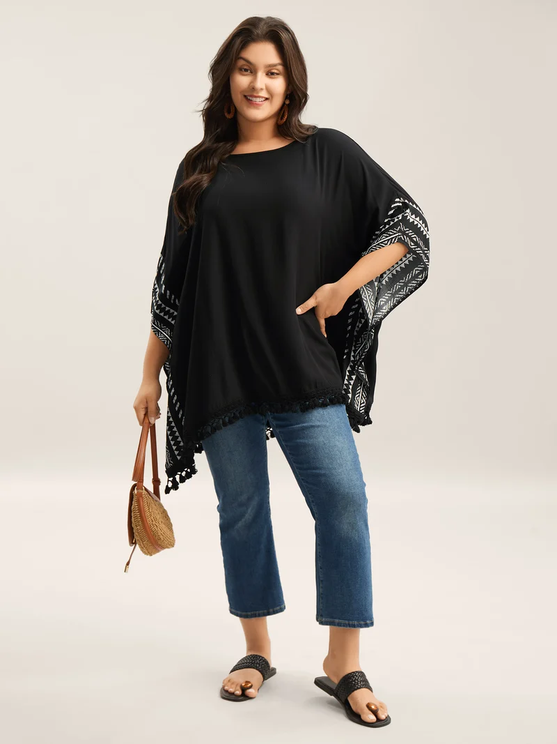 Rayon Tassels Boho Print Relaxed Blouse