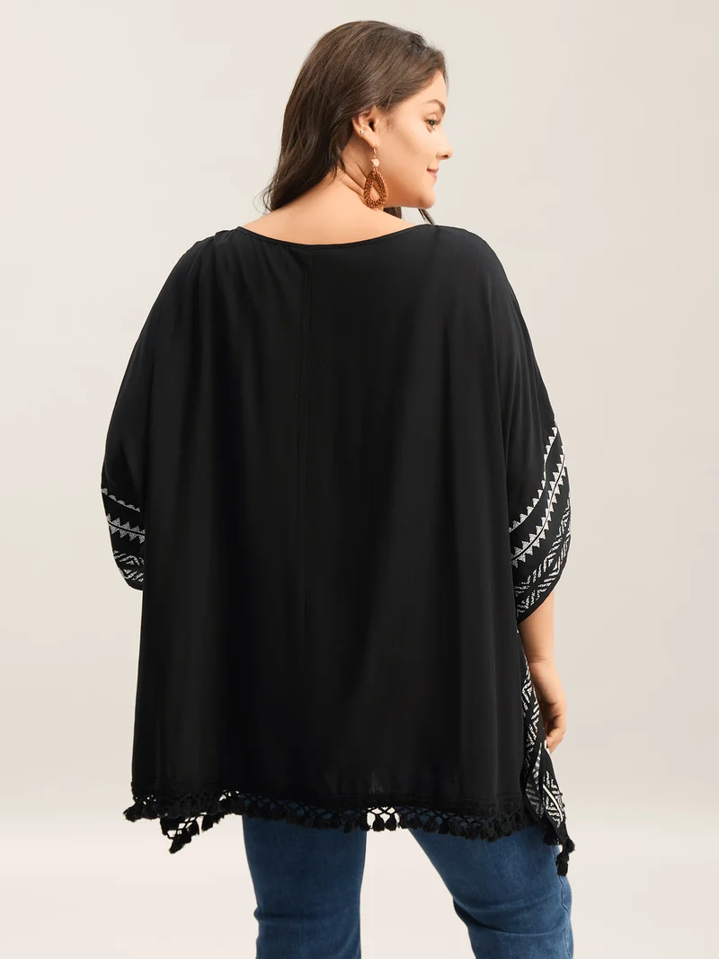 Rayon Tassels Boho Print Relaxed Blouse