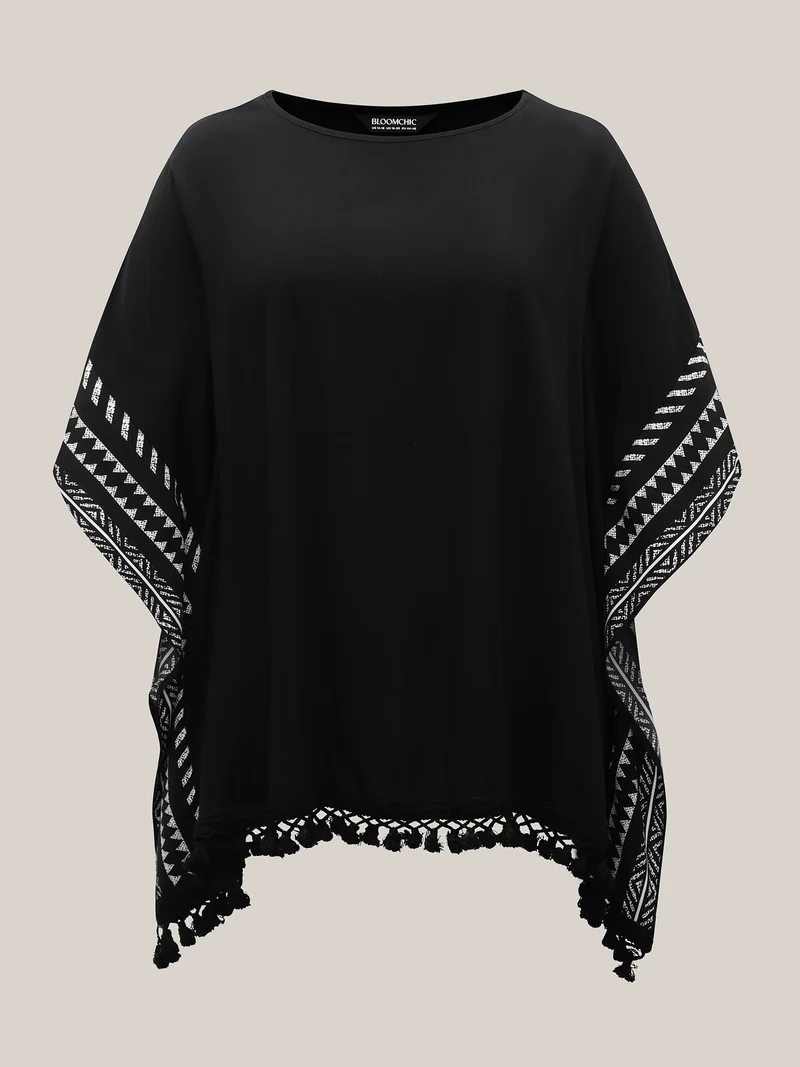 Rayon Tassels Boho Print Relaxed Blouse
