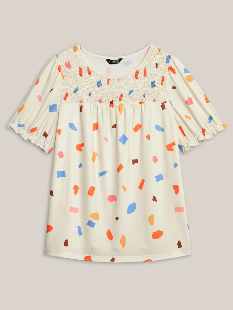 Confetti Print Shirred Round Neck T-Shirt