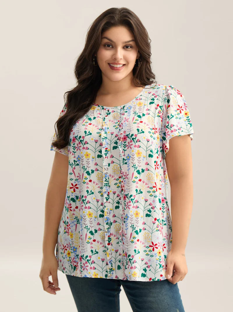 Sweet Floral Print Print Pleated Front Blouse