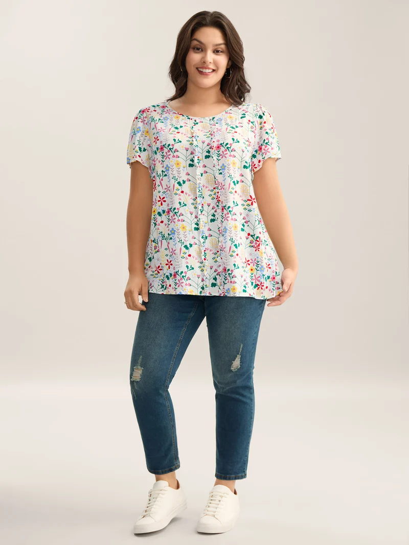 Sweet Floral Print Print Pleated Front Blouse