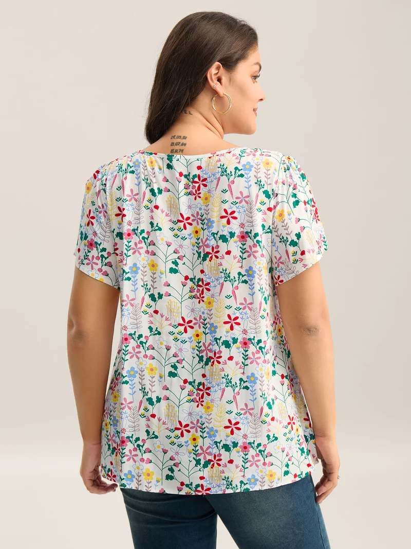 Sweet Floral Print Print Pleated Front Blouse